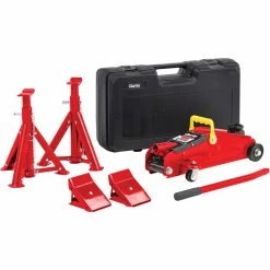 Clarke CGLK1 5-Piece 2 Tonne Trolley Jack, Chock And Axle Stand Set (1T Per Stand)